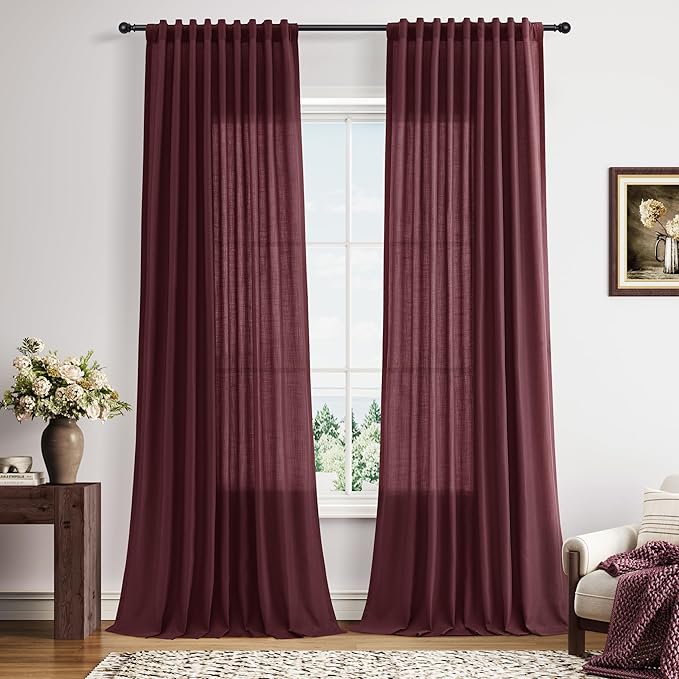 Extra Long Linen Curtains 108 Inches for Living Room Back Tab Semi Sheer High Floor to Ceiling 9ft Light Filtering Curtain Boho Farmhouse Decor Window Drapes for Bedroom 2 Panels Burgundy