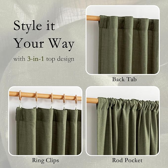 MYSKY HOME Curtains for Living Room 84 Inches Long Semi Sheer Light Filtering Privacy Drapes Linen Look Textured Boho Home Decor, Backdrop Curtain for Parties, 100" x 84", Olive Green, 1 Panel