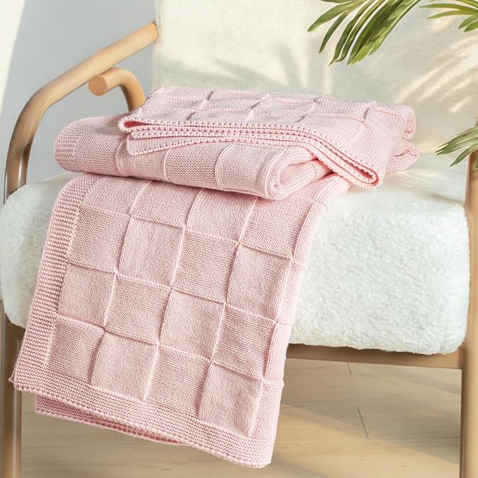 Whale Flotilla Checkered Knit Throw Blanket for Couch, Pink | Soft Decorative Knitted Blankets for Couch Sofa Bed, Lightweight Cozy Throws for Spring Summer, 50x60 Inch