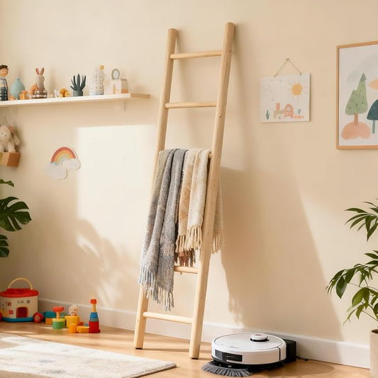 Wooden Blanket Ladder - 76in Natural & Motley Wood - Leaning Wall Decor for Bedroom, Bathroom, Living Room - Rustic Quilt Holder & Towel Rack (Light Wood Color, 76in | Pre Assembled)