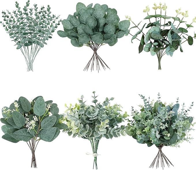 60 pcs 5 Kinds Eucalyptus Stems Bulk, Artificial Silver Dollar Eucalyptus Greenery Picks, Faux Floral Branch Decoration for Wedding Bouquet Arrangement Flower Centerpieces Décor