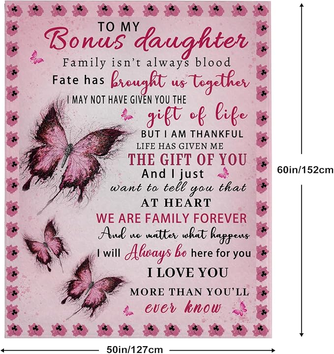 Butterfly Bonus Daughter Blanket - Bonus Daughter Gifts - Step & Unbiological Daughters Gifts from Stepmom Stepdad - Gift for Birthday, Graduation, Christmas, Soft Flannel Throw Blanket, 60"x50"