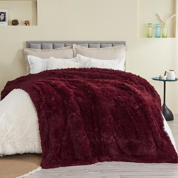 GONAAP Fuzzy Faux Fur Twin Blanket for Couch, Wine Red, 60"x80" | Warm Cozy Plush Shaggy Decorative Reversible Thick Non-Heated Fleece Blanket for Sofa Bed, Gift for Women Men, All Season Use
