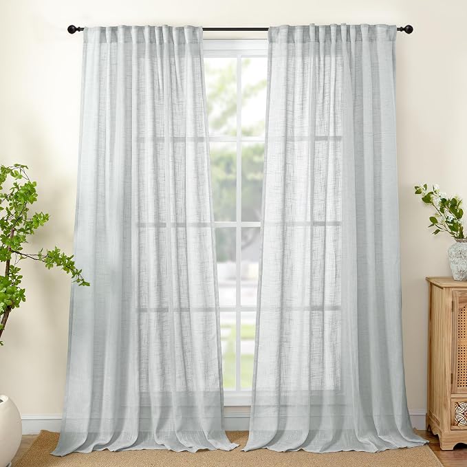 Light Grey Linen Semi Sheer Curtains 52 X 84 Inch Length for Living Room | Light Filtering Drapes Textured with Rod Pocket Back Tab for Dining Bedroom, 2 Panels