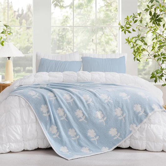 Snuggle Sac Twin Size Bedding Blanket, Blue Flower Throw Blanket for Couch, Microfiber Fluffy Warm Cozy Fuzzy Soft Reversible Blankets, Blue, 60x80 inches