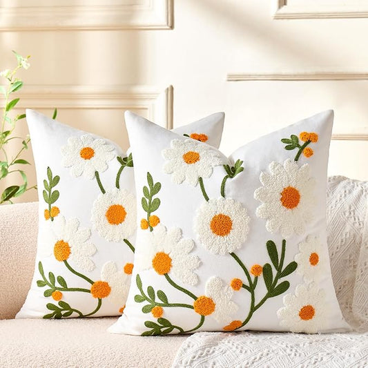 Embroidered Floral Throw Pillow Covers Decorative Couch Pillow Covers Farmhouse White Flowers Tufted Pillow Covers 18x18 Square Summer Cushion Cases Set of 2 for Living Room Couch Sofa Bed Home Decor