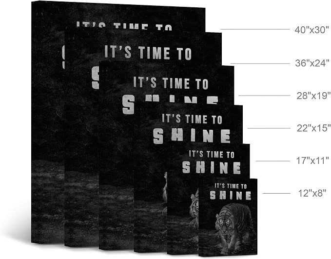 Smile Art Design It's Time to Shine Black and White Tiger Motivational Wall Art Canvas Print Inspirational Wall Art Entrepreneur Quote Modern Office Living Room Decor Gift Ready to Hang 28x19