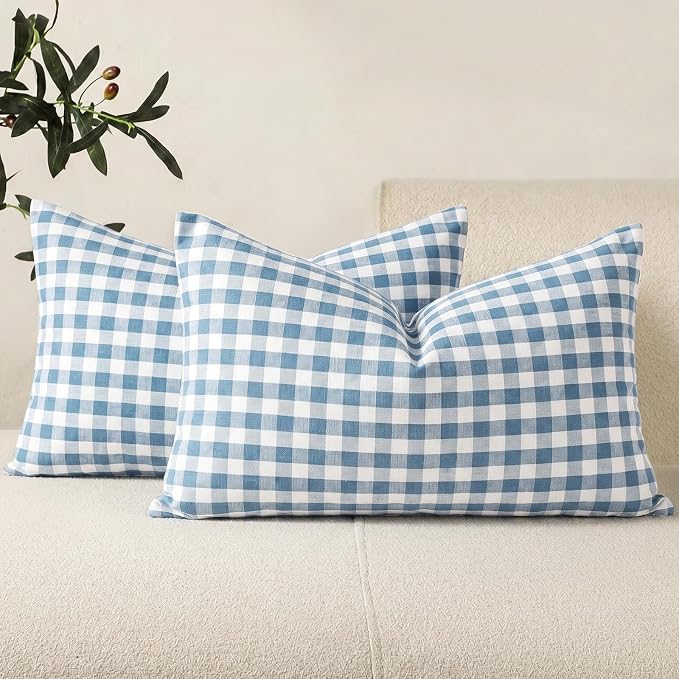Farmhouse Light Dusty Blue Gingham Lumbar Pillow Covers 12x20 Set of 2 | Soft Couch Lumbar Pillow Cover 12 x 20, Blue Aesthetic Room Decor, Outdoor Porch Patio Pillows, Neutral Throw Pillow Covers