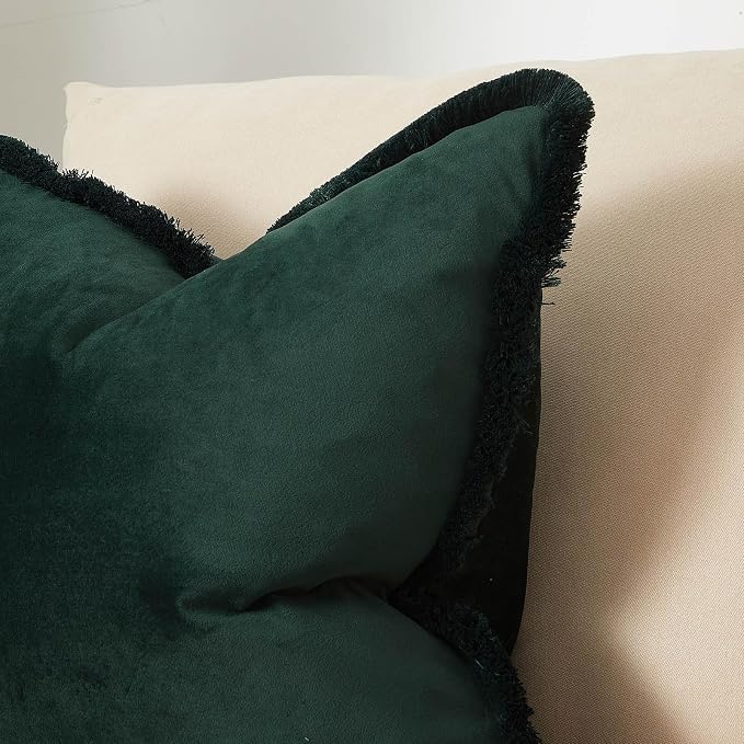 JUSPURBET Military Green Decorative Velvet Fringe Throw Pillow Covers 16x16 Set of 2 Boho Soft Cushion Case for Home Decor Living Room Couch Sofa Bed