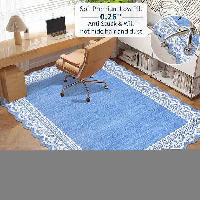COZYLOOM 10x13 Scalloped Lace Border Area Rug for Bedroom, Large Living Room Rugs with Non Slip Backing, Modern Solid Stain Resistant Rugs Non Shedding Low Pile Mats for Bedroom, Dining Room, Blue