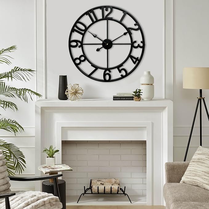 CLXEAST Silent 24 Inch Wall Clocks for Living Room Decor,Arabic Numeral | Non Ticking, Matt Black,Thicker Metal Wall Clock for Dinning Room,Entryway,Home Office & Fireplace Decor