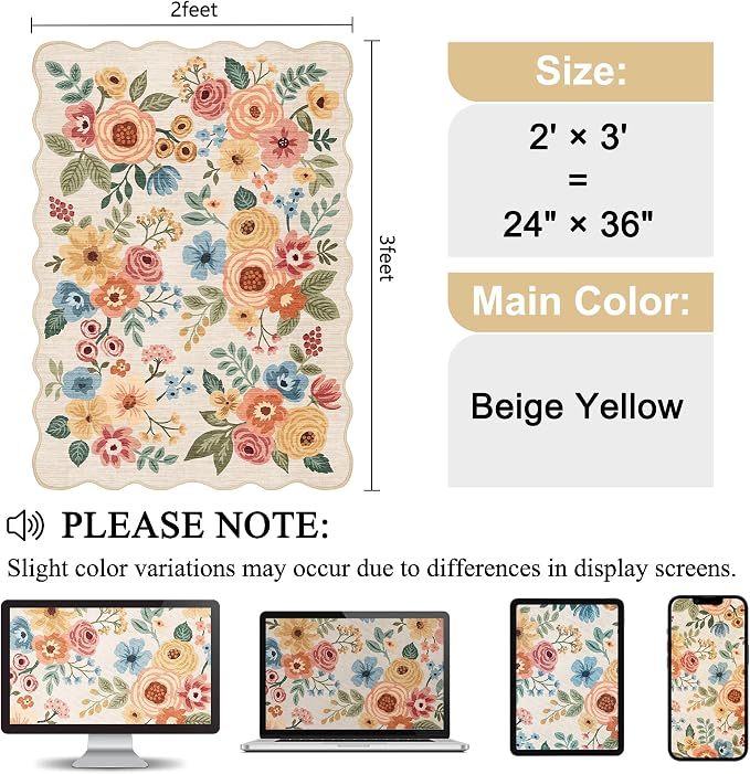DUKINO 2x3 Rug for Entryway, Floral Door Mat Washable Rug, Beige Yellow | Non Slip, Low Pile, Soft Small Rugs for Kitchen, Entrance, Bedroom, Bathroom, Laundry, Pet Friendly, Non-Shedding, Home Decor