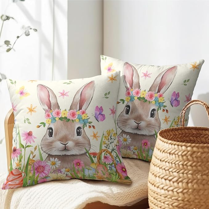 Easter Rabbit Throw Pillow Covers 20x20 Inch Set of 2 Cute Bunny Cotton Linen Square Cushion Case Spring Colorful Floral Easter Theme Decorative Pillowcase for Home Bench Couch Sofa