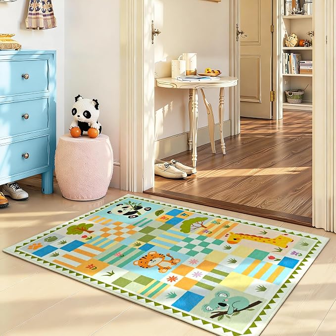 2x3 Small Green Area Rug - Washable Non-Slip Entryway Mat - Soft Playroom Carpet with Cute Colorful Animals & Checkered Design - Low Pile Home Decor Rug