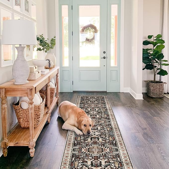 Washable Hallway Runner Rug 2x10: Non-Slip Kitchen Entryway Rugs Indoor Soft Low Pile Stain Resistant Carpet for Bedroom Laundry Ultra-Thin Vintage Home Decor Floor Mat for Bathroom (Black, 2 x 10)