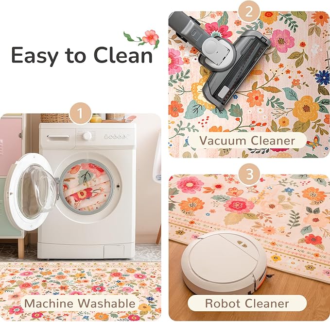 Washable Floral Area Rug for Living Room 9x12 Pink Beige | Non-Slip，Vacuum-Friendly, Low Pile, Flower Carpet for Bedroom Kitchen Entryway Dining Room Office Nursery