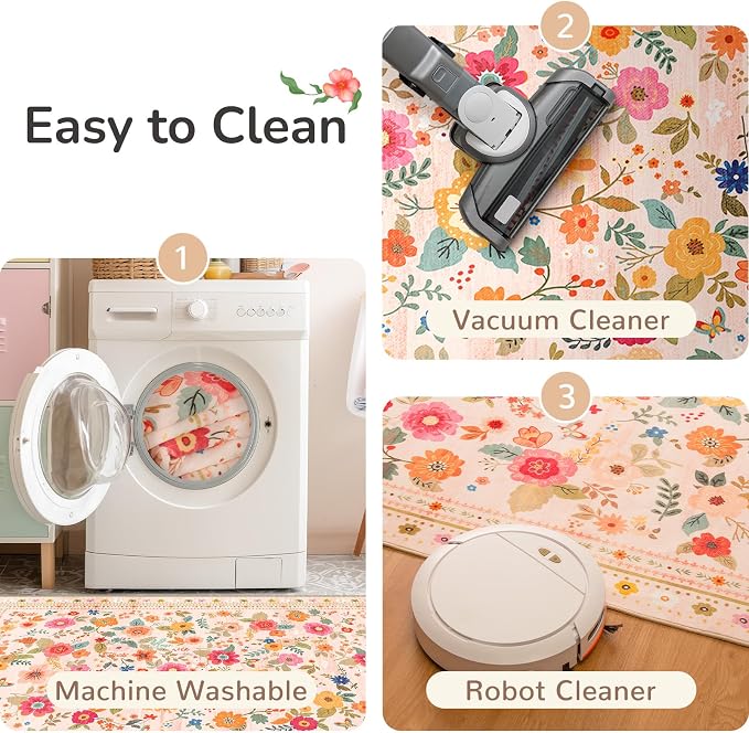 Washable Floral Area Rug for Living Room 2x3 Pink Beige | Non-Slip，Vacuum-Friendly, Low Pile, Flower Carpet for Bedroom Kitchen Entryway Dining Room Office Nursery