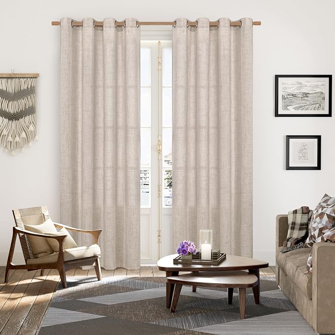 YoungsTex Linen Curtains 80 Inch Length with Bronze Grommet Light Filtering | Semi Sheer Drapes Beige Natural for Living Room Bedroom Farmhouse Rustic, 2 Panels, 52 x 80 Inch