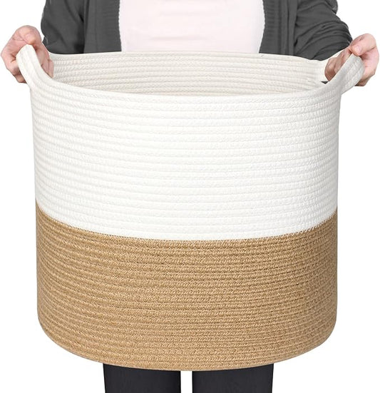 MEGASKET Large Woven Storage Basket, 16" x 14" Cotton and Jute Rope Basket for Blankets, Toys, Pillows, Big Laundry Basket with Handle, Decorative Living Room Storage, Dog Toy Bin, White and Natural