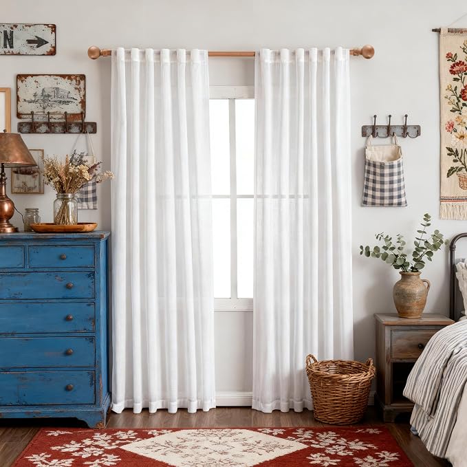 MYSKY HOME Patio White Sheer Curtains for Sliding Door 90 inch Length 2 Panels Set, Light Filtering Living Room Curtains & Drapes Soft Farmhouse Window Treatments Semi Sheer Draperies, 50" W x 90" L