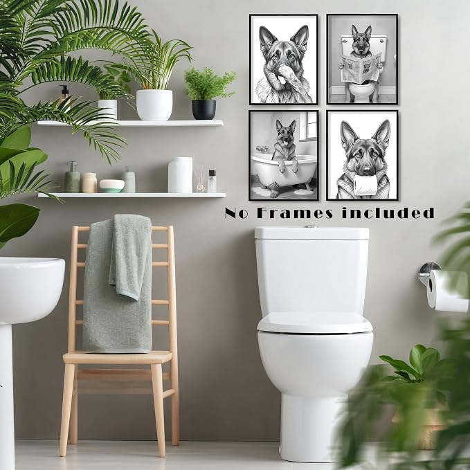 LUKIPOM Funny German Shepherd Bathroom Wall Art Prints 12x16 Set of 4, Funny German Shepherd Wall Art Posters for Washroom Restroom Decor, Dog Bathroom Decor, Unframed