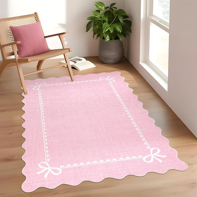 COZYLOOM 4x6 Scalloped Living Room Rugs Washable Kids Bedroom Rug, Non Slip Stain Resistant Modern Bow Rug Non Shedding Low Pile Solid Carpet Foldable Bordered Mats for Entryway, Dining Room, Pink