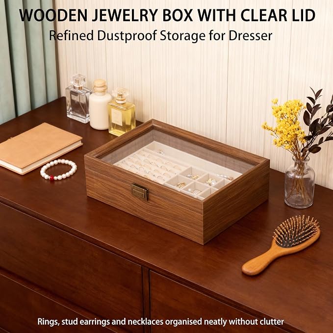 2-Layer Glass Lid Walnut Jewelry Box,Wooden Jewelry Organizer | Vintage Style Jewelry Box for Women girls,Ideal Gift for Rings, Earrings, Necklaces & Bracelets