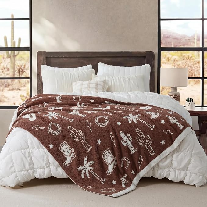 Snuggle Sac Western Throw Blanket for Couch Bed Sofa 50x60 inches, Reversible Brown Cowgirl Blanket Ultra Soft Cozy Blankets for Women Mothers Birthday Gifts