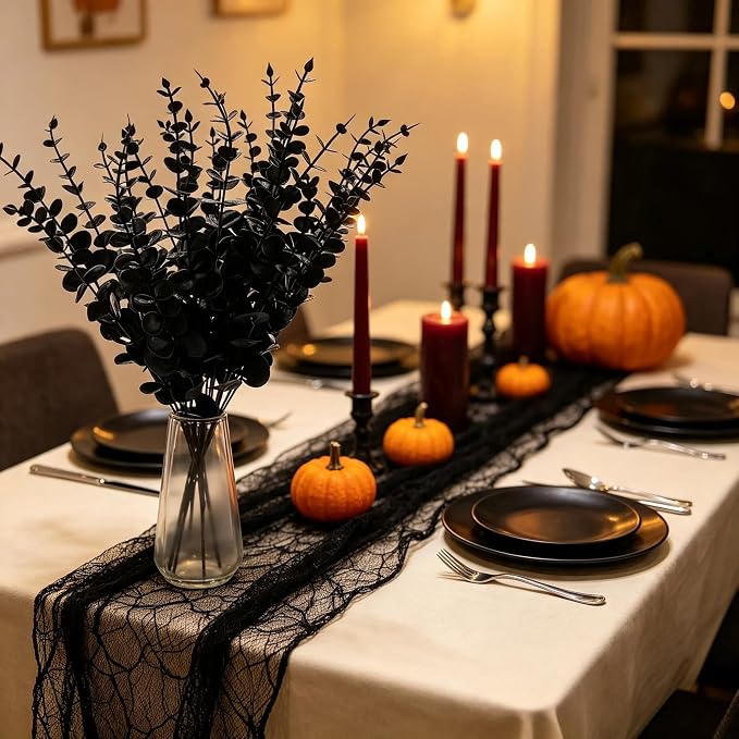 Tinsow 26 Pcs Black Artificial Eucalyptus Stems Faux Halloween Flowers Eucalyptuses Real Touch Leaf Centerpiece Home Decor (26, Black)