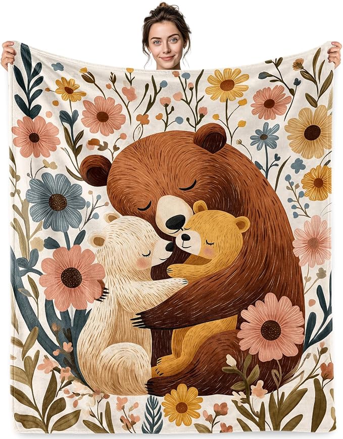 Jekeno Bear Gifts Blanket Cute Animal Botanical Floral Meadow Throw Blanket | 50x60 Inch Flannel Bear Blanket Gifts For Christmas Birthday Mother Day Women Men Kids Boys Girls Cute Family