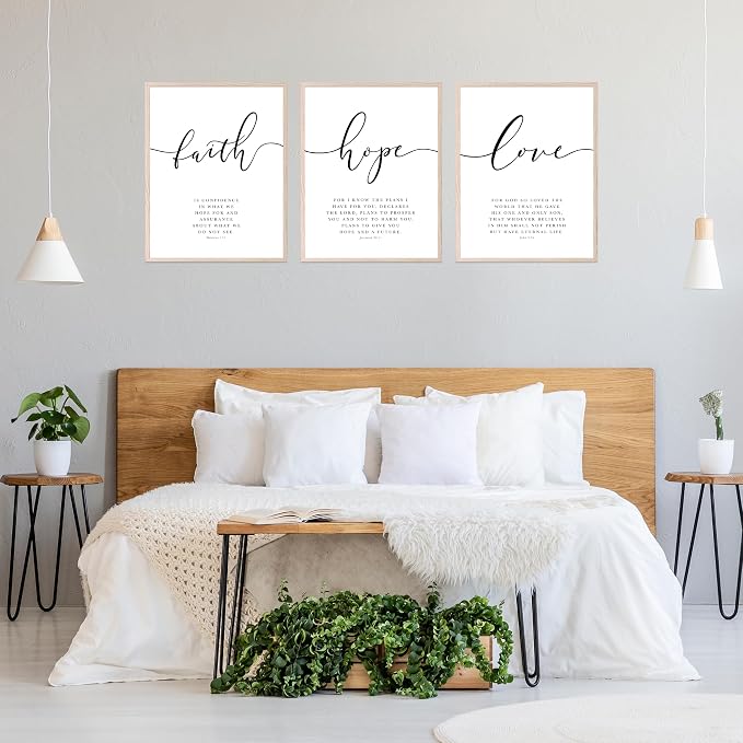 BigWig Prints Bible Verse Prints, Faith Hope Love, Set of 3, 12x16 in | Uplifting Scripture for Prayer Room or Study, Great Gift for Bible Study Groups, Unframed