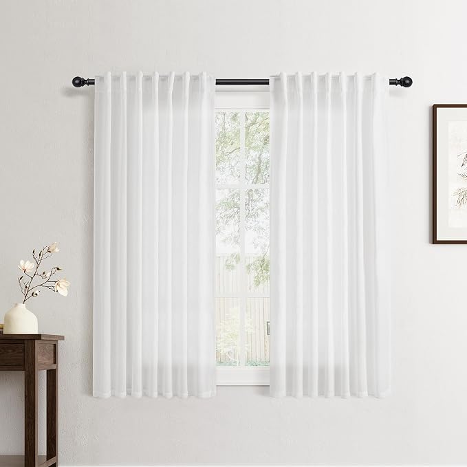 Jowels White Linen Curtains 54 Inch Long 2 Panels for Living Room | Light Filtering Semi Sheer Curtain, Back Tab Pocket Pleated Look, Boho Farmhouse Textured Privacy Drapes for Bedroom Window
