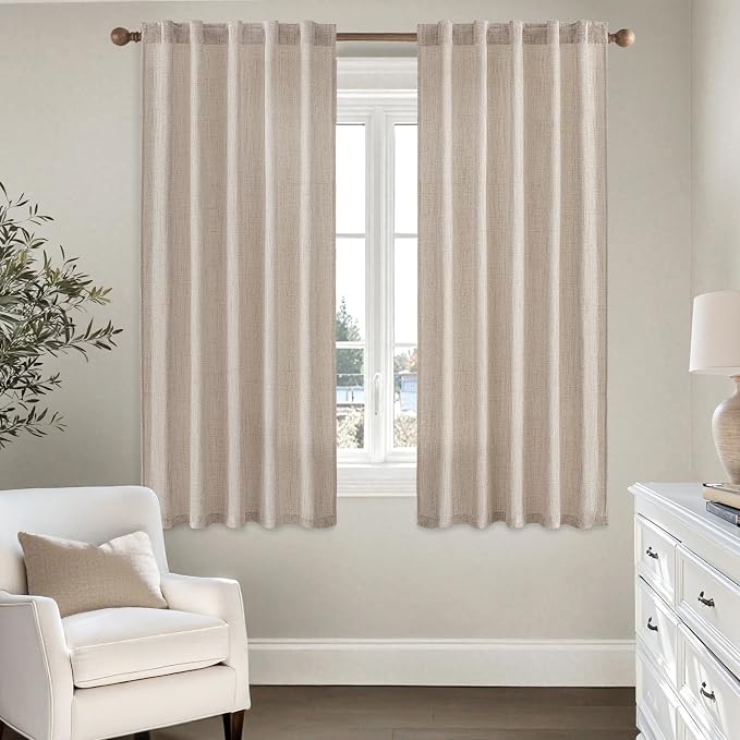 MIULEE Faux Linen Curtains 63 Inch Length 2 Panels Natural Semi Sheer Curtain with Back Tab Rod Pocket, Light Filtering Window Privacy Burlap Drapes for Living Room Bedroom 42W x 63L Linen