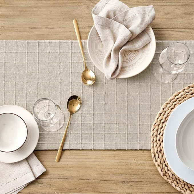 ZeeMart Artisanal Grid Linen Table Runner, 13x60 Inches Neutral Beige | Heavy Textured, Durable Thick Fabric, Farmhouse Handwoven Feel Linen Runner, Easy Care Table Decor for Kitchen Dining Room
