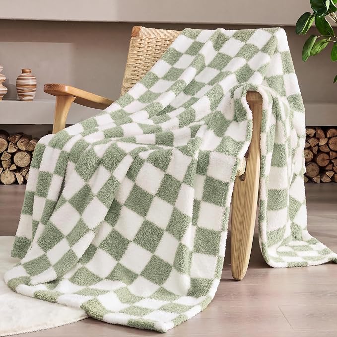 Sage Green Checkered Twin Size Blanket, Soft Plush Microfiber Fleece Blanket for Couch Sofa Bed, Cozy Decorative Home Blanket, All Season, 60x80 Inches