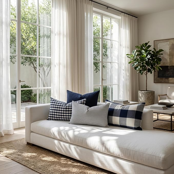 Rectangle Navy Blue Striped Plaid Outdoor Lumbar Decor Pillow Covers 12x20 | Farmhouse Blue and White Decor Coastal Pillow Covers 20x12 Set of 4, Neutral Navy Blue Throw Pillows For Couch Sofa Patio