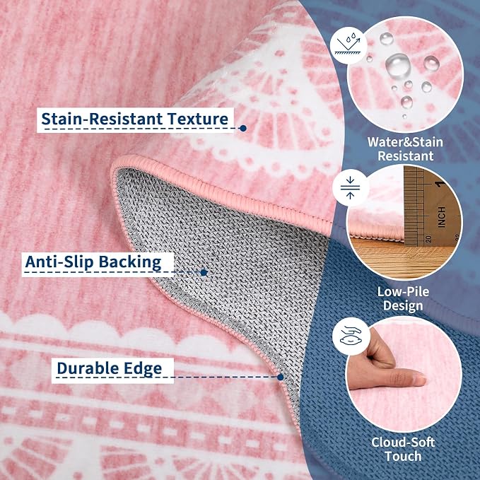 COZYLOOM 9x12 Lace Border Area Rug for Bedroom, Scalloped Large Living Room Rug with Non Slip Backing, Non Shedding Modern Solid Color Area Rugs Stain Resistant Low Pile Mats for Kids Room, Pink