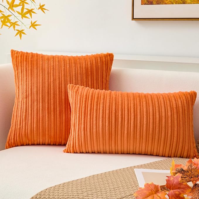 Kevin Textile Striped Corduroy 22”x22” Pillow Covers 2 Pack, Orange