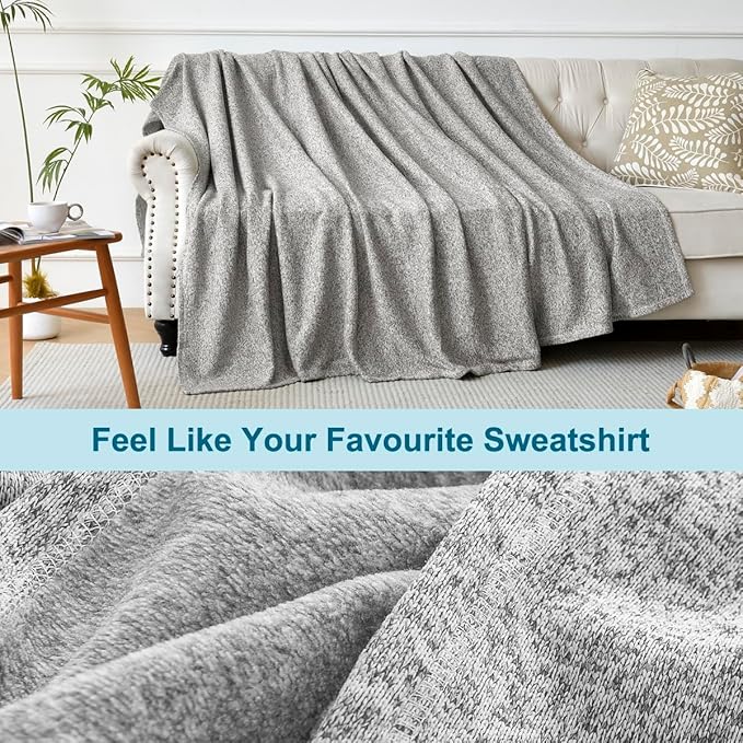 KAWAHOME Summer Sweatshirt Blanket for Bed Lightweight Soft Thin, 55" × 79" | Breathable Jersey Blankets for Hot Sleepers in Air-Conditioned Room, Home Decor Holiday Gift, Heather Grey