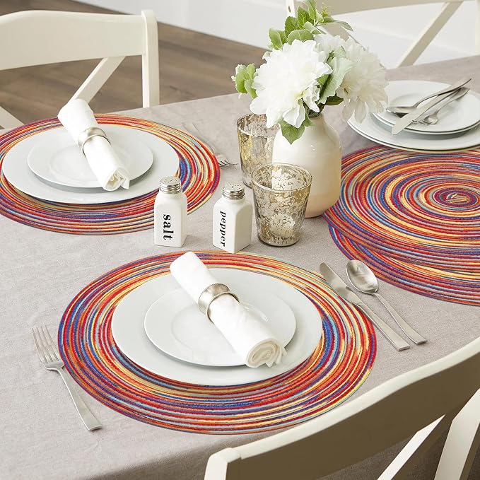 SHACOS Round Braided Placemats Set of 4 Variegated Colorful Placemats for Dining Tables Holiday Party Decor (Rainbow Red, 4)
