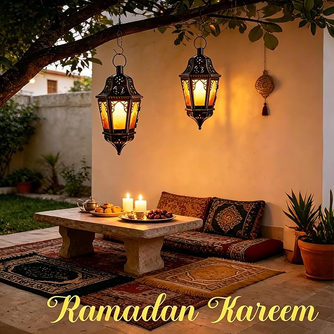 Ramadan Lantern Decorative Indoor & Outdoor, 2 PCS 13.6’’ Vintage Decorative Hanging Lanterns with Chain for Home Porch Patio Decor, Metal Christmas Moroccan Candle Holder Decorations (Amber)