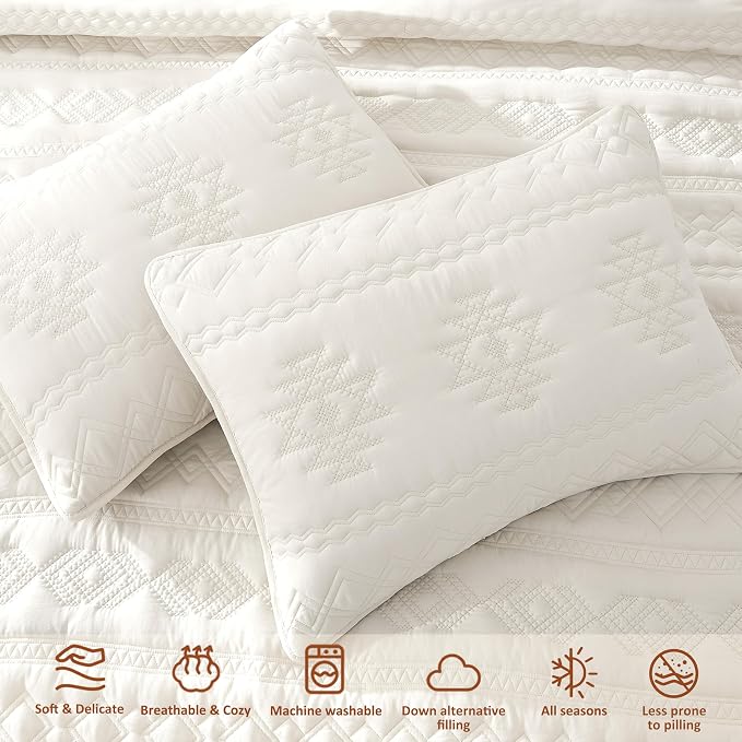 WDCOZY Boho Ivory Oversized California Cal King Size Quilt Bedding Sets with 2 Pillow Shams, Cream White Farmhouse Lightweight Soft Bedspread Coverlet for All Season, 3 Pieces