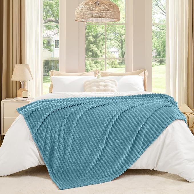 BEDELITE 3D Ribbed Washed Blue Fleece Throw Blanket for Couch, 50x60 Inch | Soft Warm Decorative Fluffy Blanket, Cozy Plush Lightweight Fuzzy Throw Blanket for Bed Sofa Home Room Decor, Gift for Women