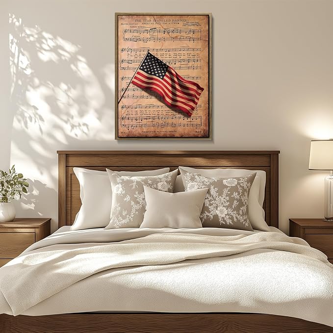 American Flag Framed Canvas Wall Art, 4th of July Patriotic Canvas Prints | Sheet Music Poster Print, Vintage Independence Day Wall Decor for Bedroom Living Room Office 16×20in