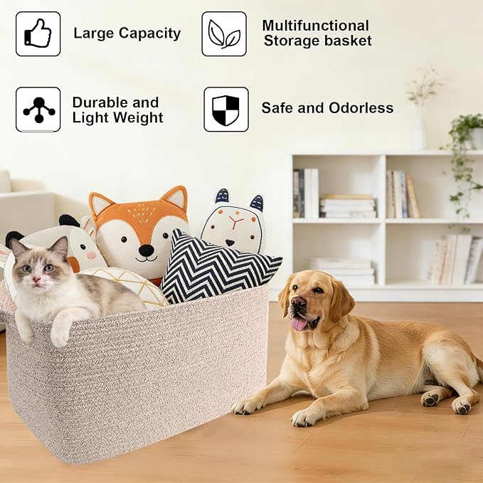 96L Woven Laundry Basket with Handles, Extra Blanket Basket,Brown | 24"×16"×15" Collapsible Cotton Rope Storage Basket for Toys Clothes & Pillows, Nursery, Bathroom, Bedroom, Living Room