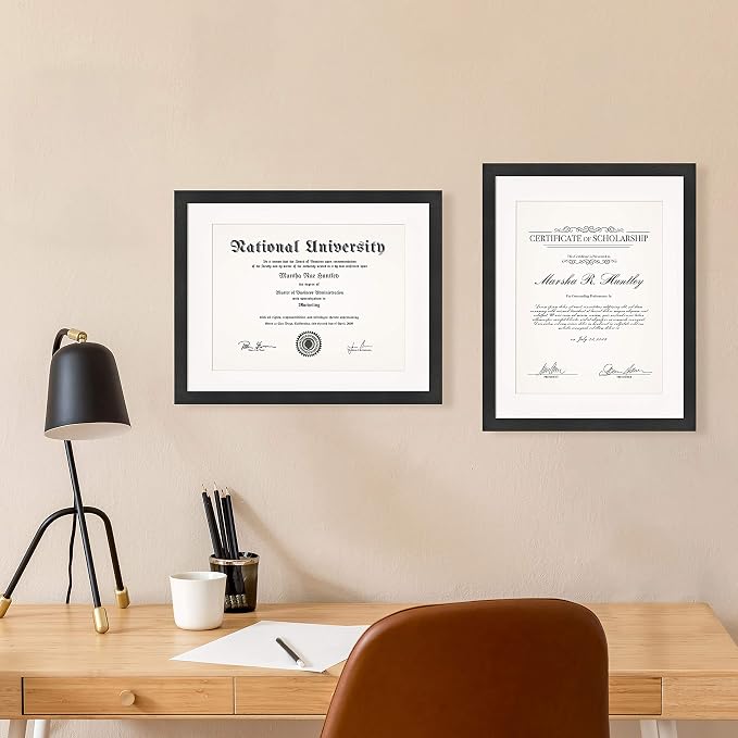 MCS Gallery Essential 11x14 Matted Diploma Frame with 8.5x11 Opening, Black Picture Frame for Gallery Wall, Documents, Awards & Certificates (2-Pack)
