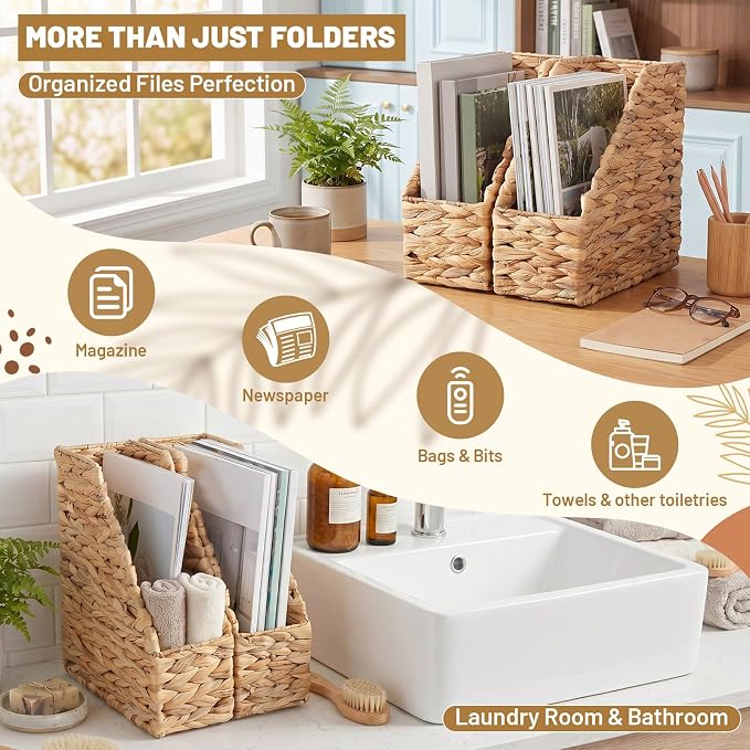 Mifoci 2 Pcs Water Hyacinth Magazine File Organizers 11*9.8*4'' | Natural Wicker Binder Holder for Desk, Magazine Basket Organizer for File Book Newspaper, Home Office Boho Wedding Decorative
