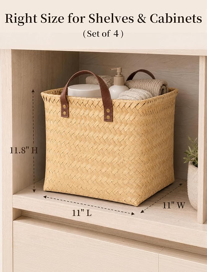 Wicker Storage Baskets, 4 Pack Woven Baskets for Shelves, Yellow | PP Rattan, Water-resistant Wicker Basket, Large Baskets with Faux Leather Handles for Blanket, Laundry Organizer, Room Decor
