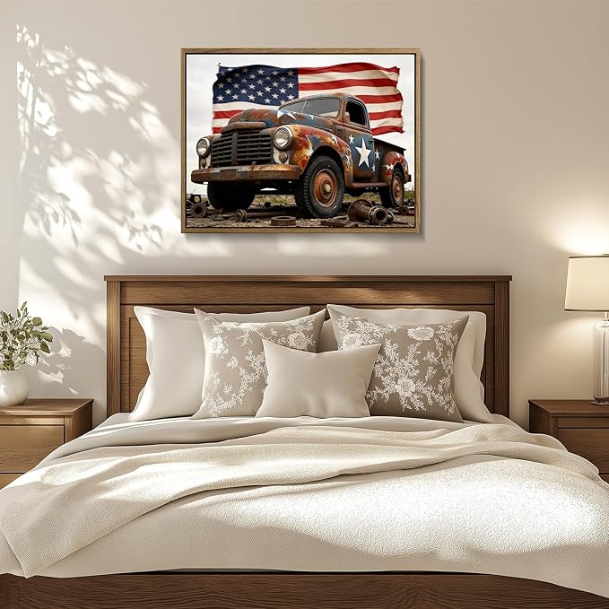 American Flag Framed Canvas Wall Art, 4th of July Patriotic Canvas Prints | USA Flag with Truck Poster Print, Vintage Independence Day Wall Decor for Bedroom Living Room Dining Room Office 8×10in