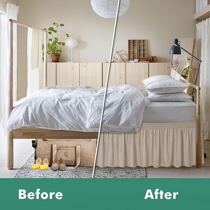 Wrap Around Full Size Bed Skirt Split Corners 17" Drop-Elastic Dust Ruffle | Light Camel Adjustable Pleated Bedskirt-Easy Fit Wrinkle Resistant Washable Bed Skirting-Hotels Apartment Guest Bedroom